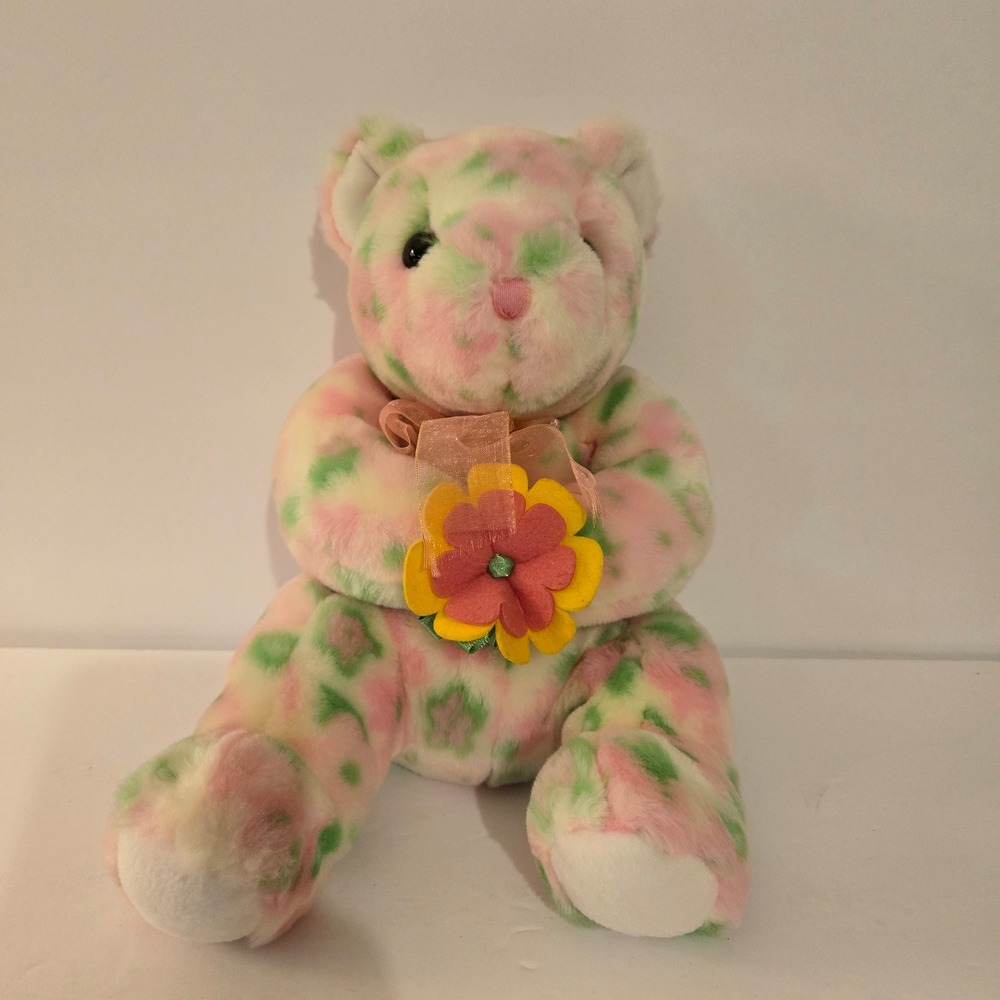 Ty Beanie Buddies Collection Plush 13" Pink/Green Floral Bloom Bear 2003